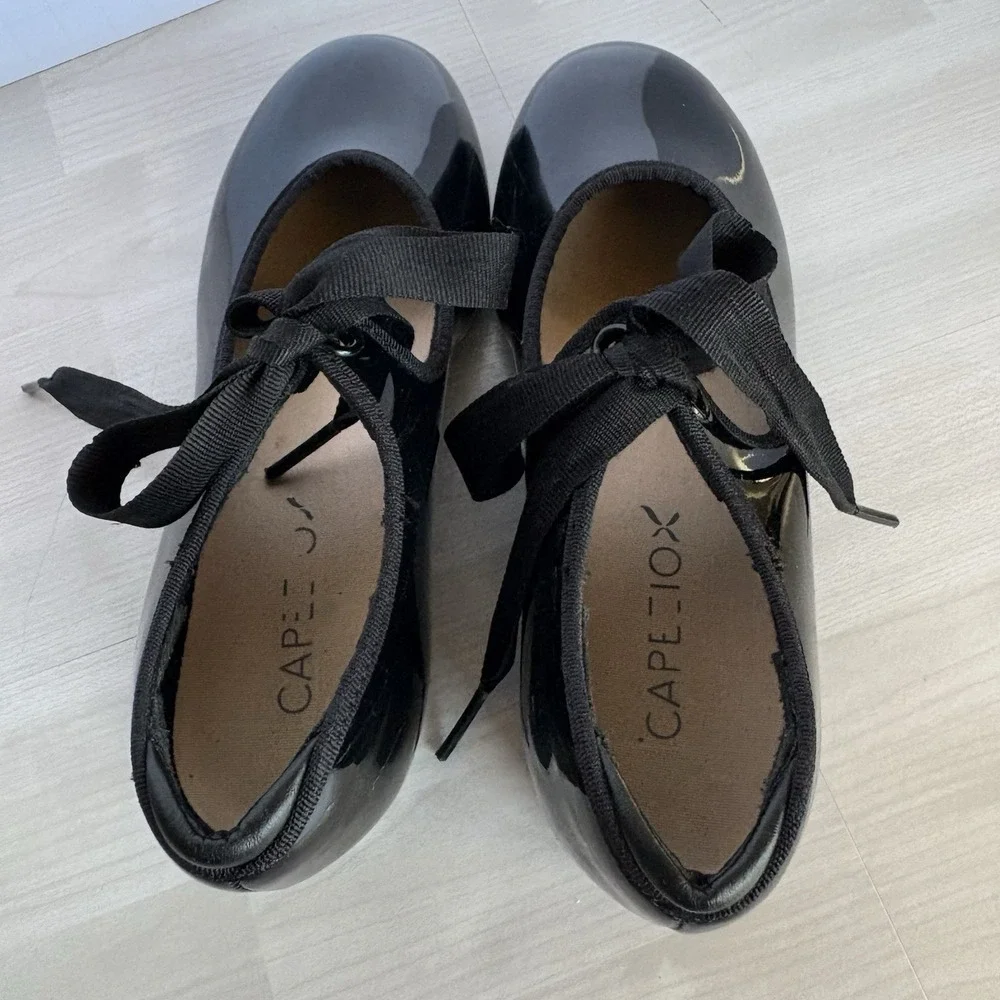 Capezio TeleTone Tap Shoes‎ Black Patent Lace Up Size Youth 13.5 M EUC
